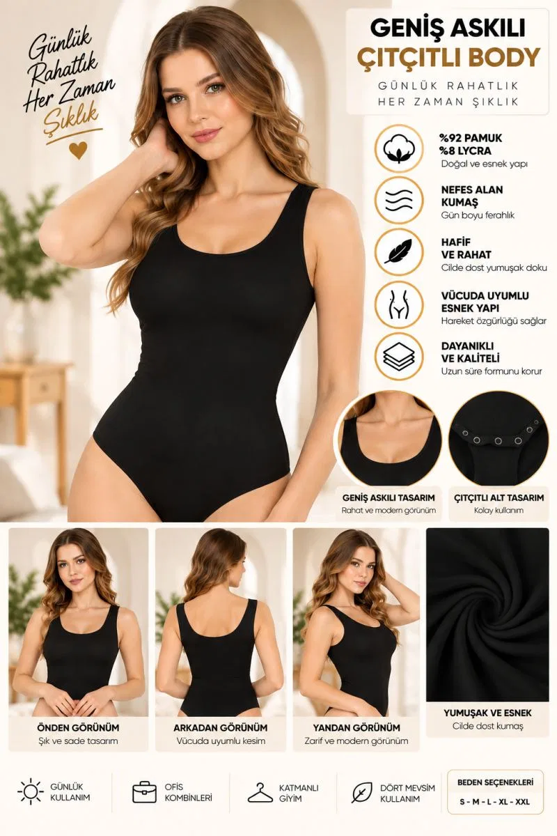 Kadın Geniş Askılı Çıtçıtlı Body Siyah, Esnek Kumaş, Vücuda Oturan Basic Kadın Body - ryl - 2701 görsel 2
