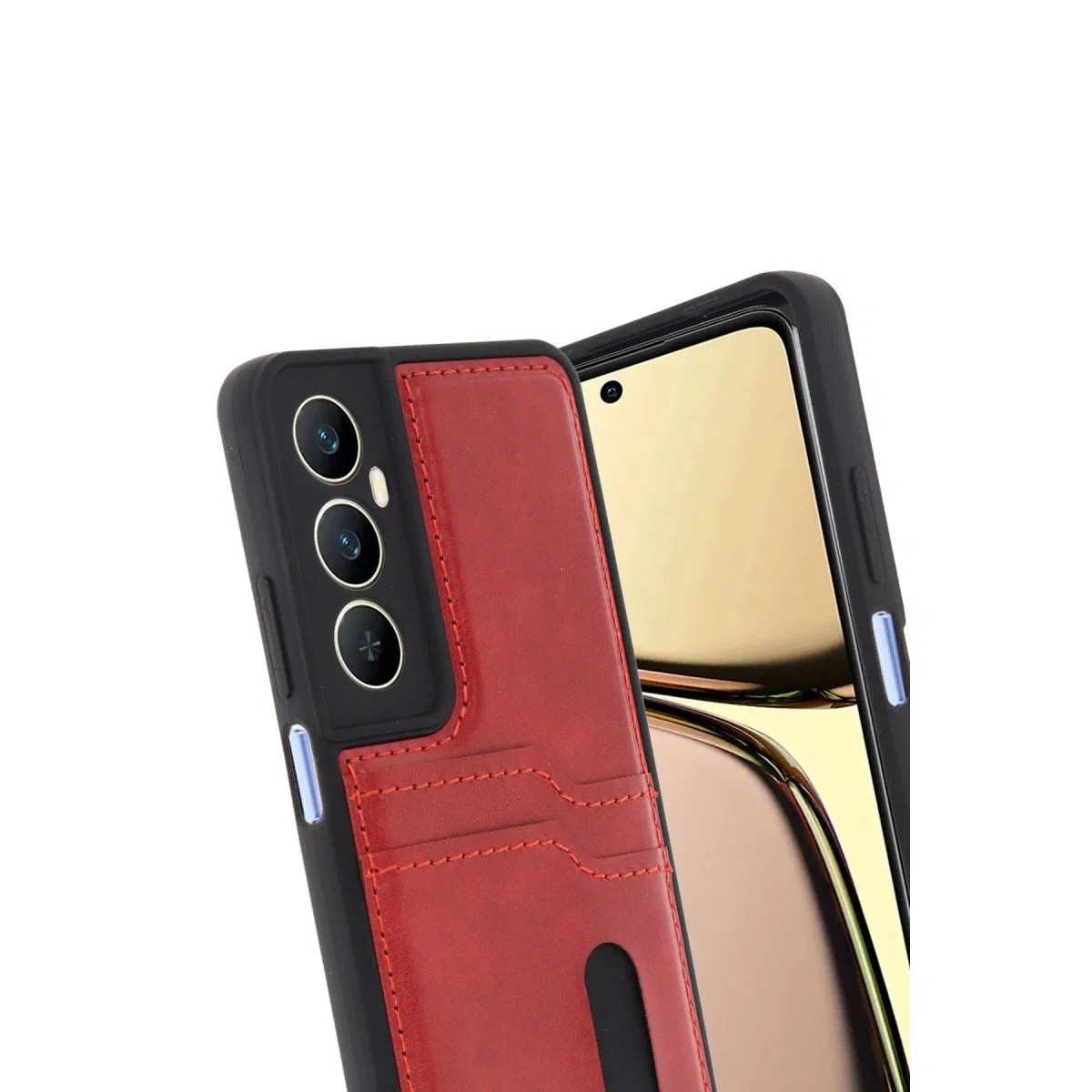 Realme C65 Sara Kartvizitli Deri Kılıf - Kırmızı görsel 3