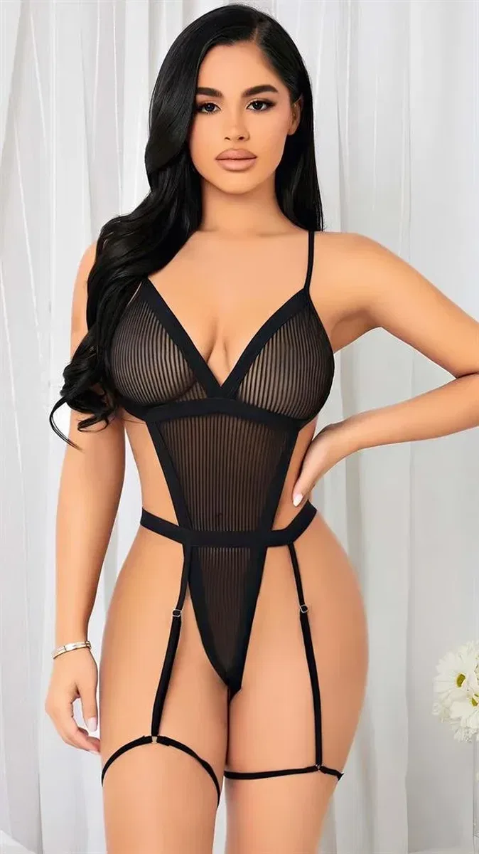 Siyah İp Detaylı Tül Body