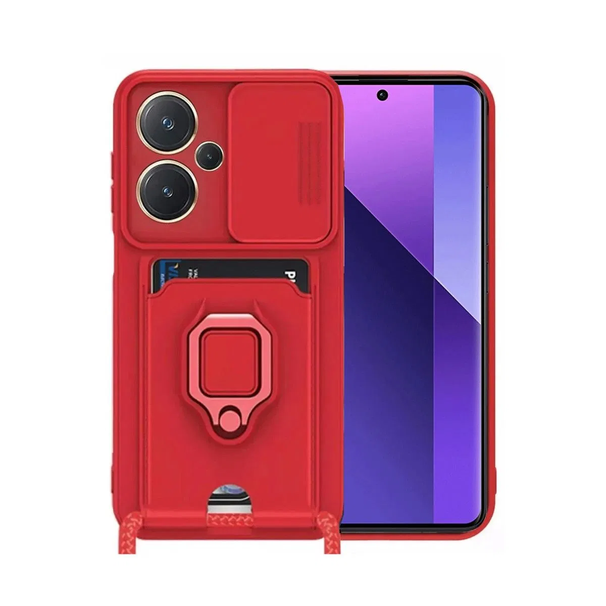 Xiaomi Redmi Note 13 Pro Plus Kılıf Zuma Kartvizitli Yüzüklü Silikon - Kırmızı