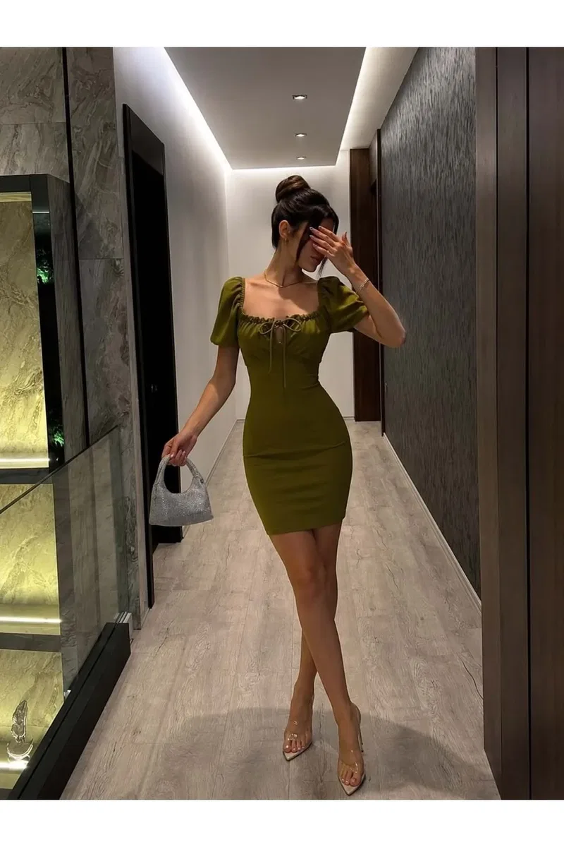Kadın Tasarım Kısa Kol Krep Kumaş Bodycon Abiye Elbise görsel 2