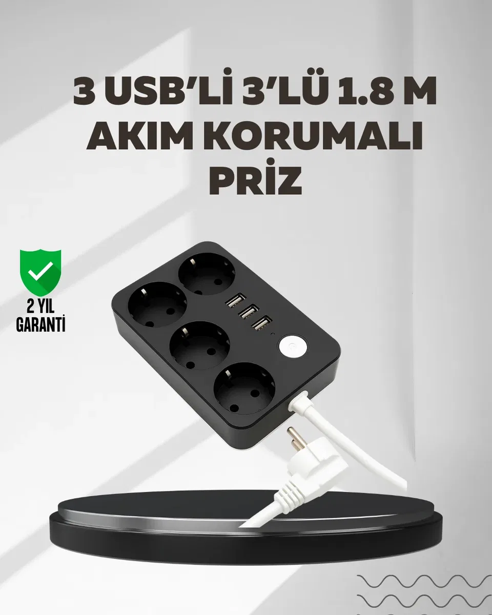 4. 1A Hızlı Şarjlı Akım Korumalı 4 Priz ve 3 USB Çıkışlı Priz