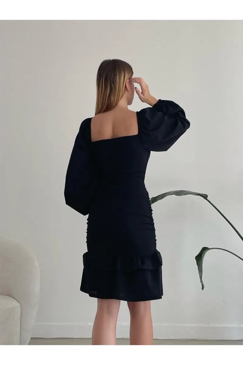 Kadın Şık Model Kare Yaka Uzun Kol Elbise görsel 7