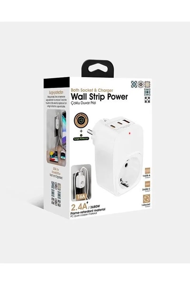 Tekli Yüksek Voltaj Korumalı Duvar Prizi 2x Type-c 1x Usb Çıkışlı Priz Grup Priz Çoğaltıcı Siyah görsel 4