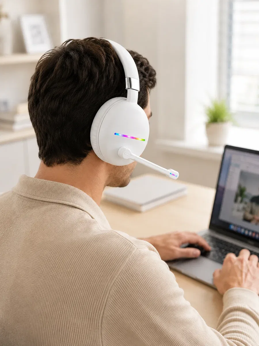 RGB Işıklı Mikrofonlu Bluetooth Kulaklık Beyaz Over-Ear Tasarım Type-C Şarjlı görsel 4