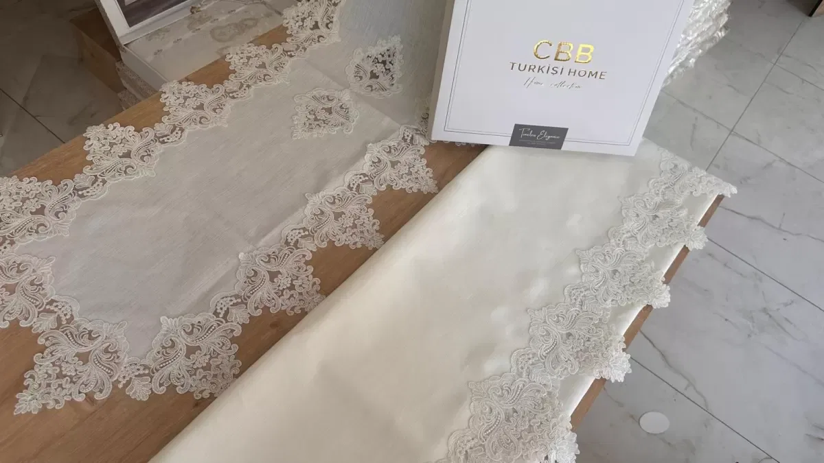 Sofra Takımı Mimoza Gardenya Keten Yemek Takımı 160x260 Masa Seti 12 Kişilik 26 Parça Runner Set Krem görsel 6