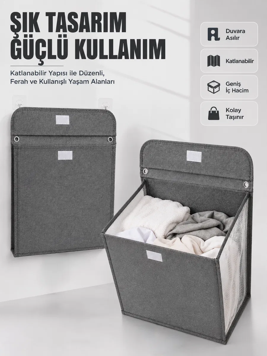 Duvara Asılabilir Katlanabilir Kirli Çamaşır Sepeti Geniş Hacimli Düzenleyici