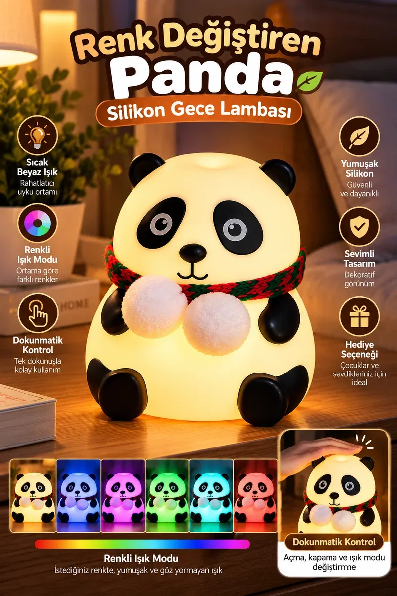 Dokunmatik Kontrollü Renk Değiştiren Panda Gece Lambası Çocuk Odası ve Yatak Odası