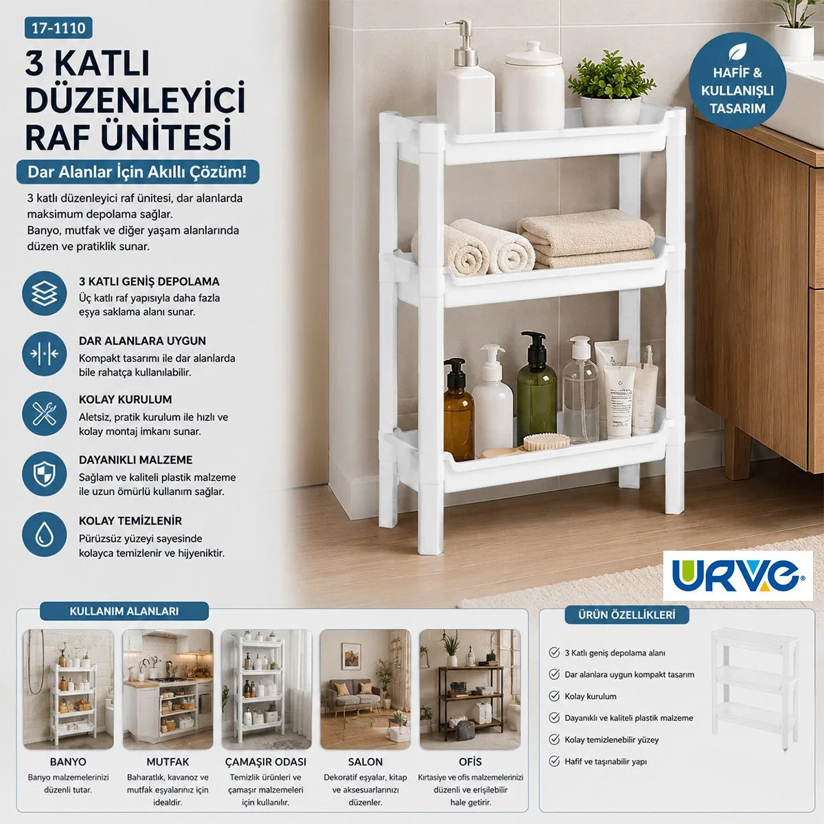 3 Katlı Sepet Organizer Raf Ünitesi 465x145x500 mm görsel 3