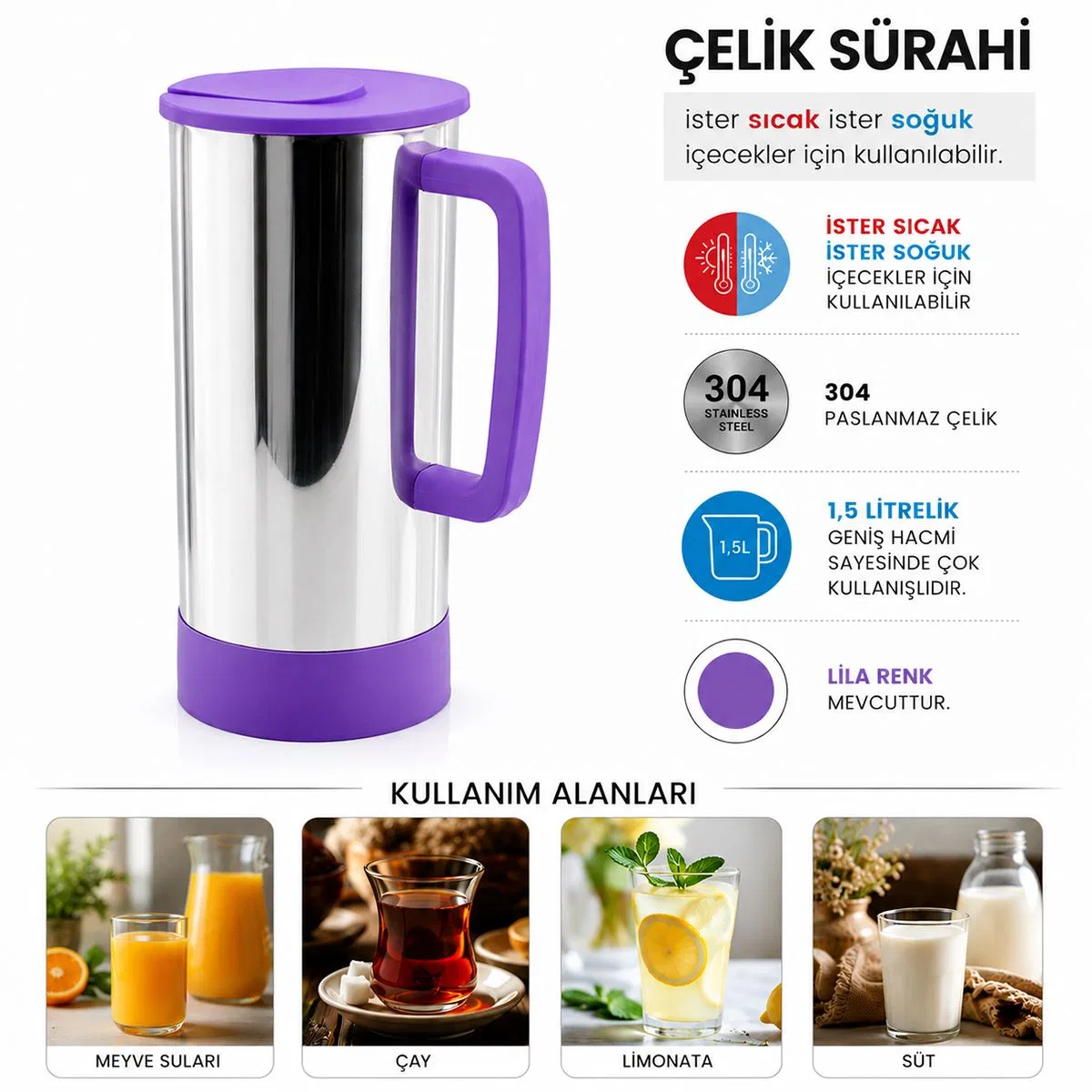 Paslanmaz Çelik Sürahi Lila (Sıcak & Soğuk) görsel 2