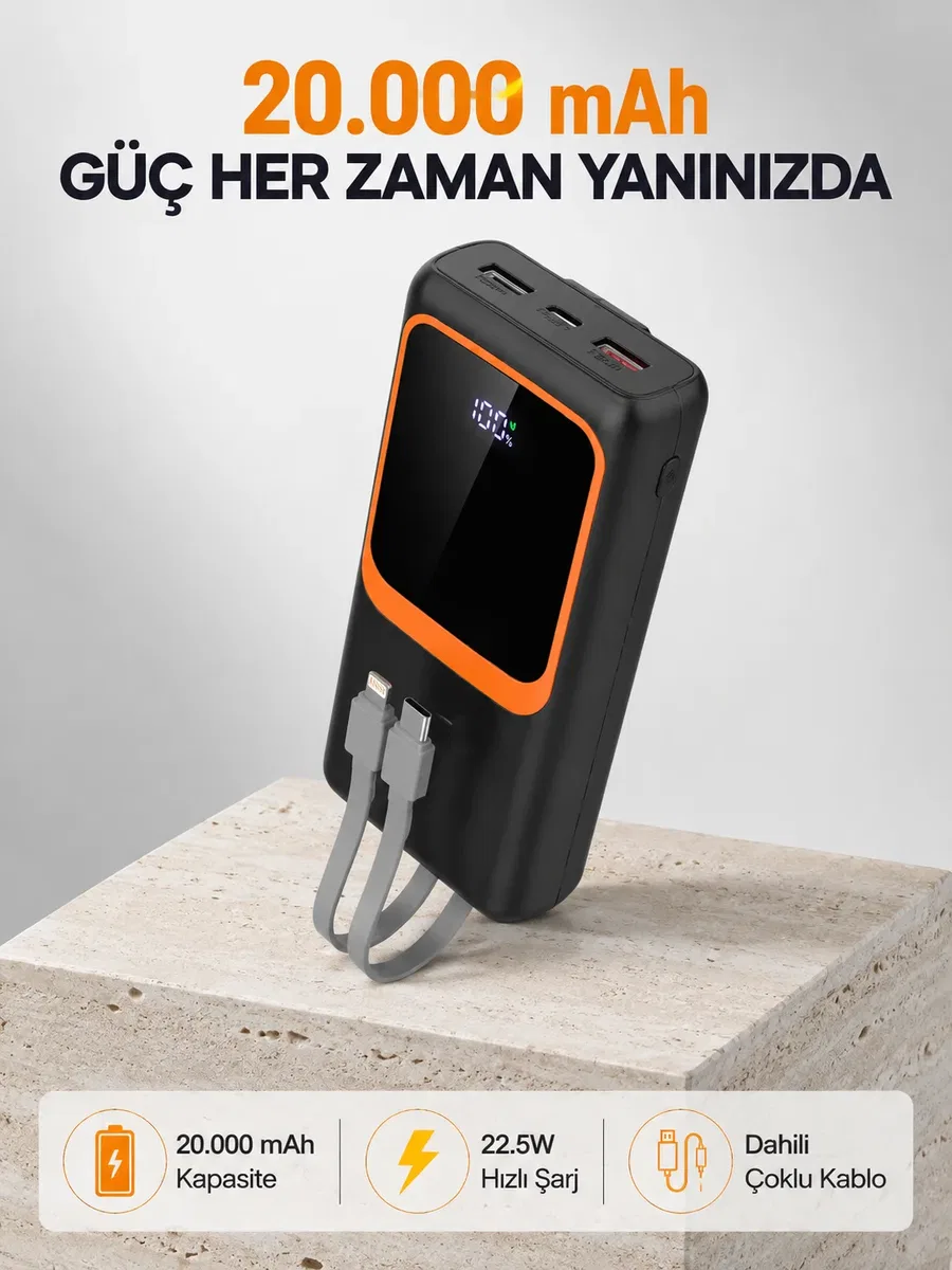 Powerbank 20000 mAh 22. 5W Hızlı Şarjlı ve Kompakt Çoklu Kablo Çıkışlı