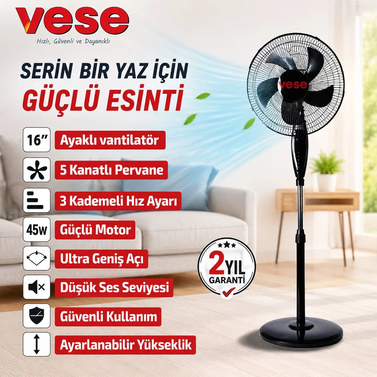 16 inç Ayaklı Vantilatör 45W 5 Kanat 3 Kademe görsel 3