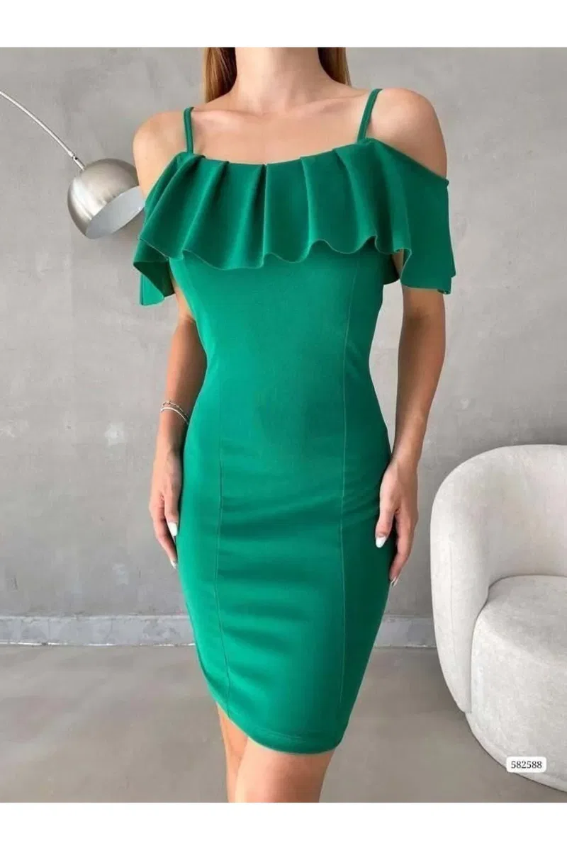 Kadın Minimal Tasarım Gömlek Yaka Volanlı Fırfırlı Elbise