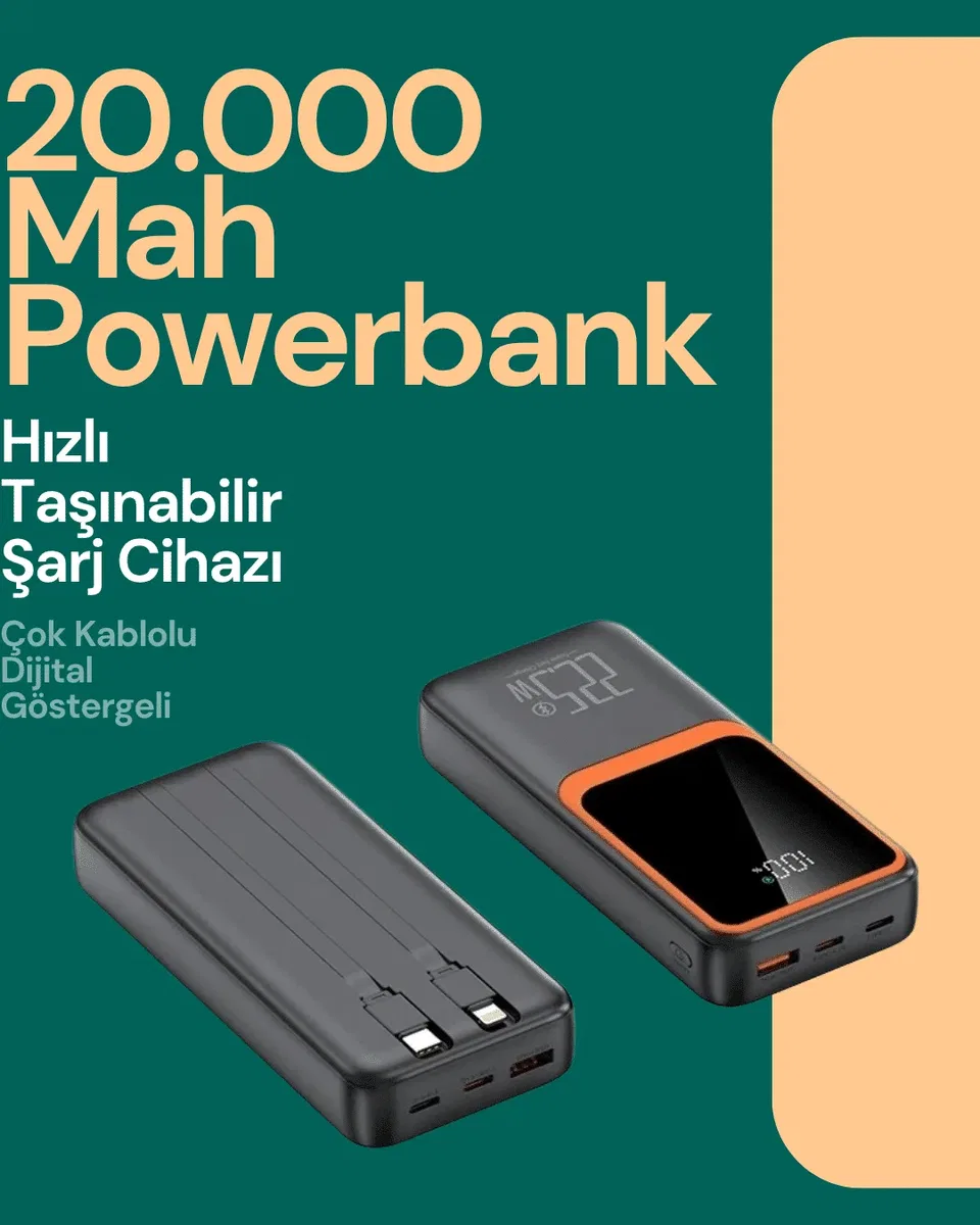 Taşınabilir Şarj Cihazı 20000 mAh | 22. 5W Hızlı Şarj + Dijital Ekran + Kablo Dahil