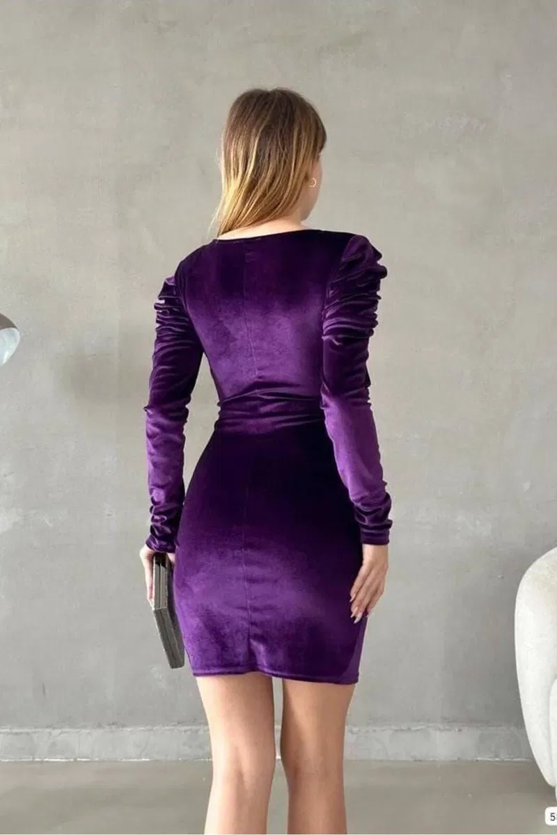 Kadın Kadife Kumaş Kruvaze Yaka Büzgülü Abiye Elbise görsel 6
