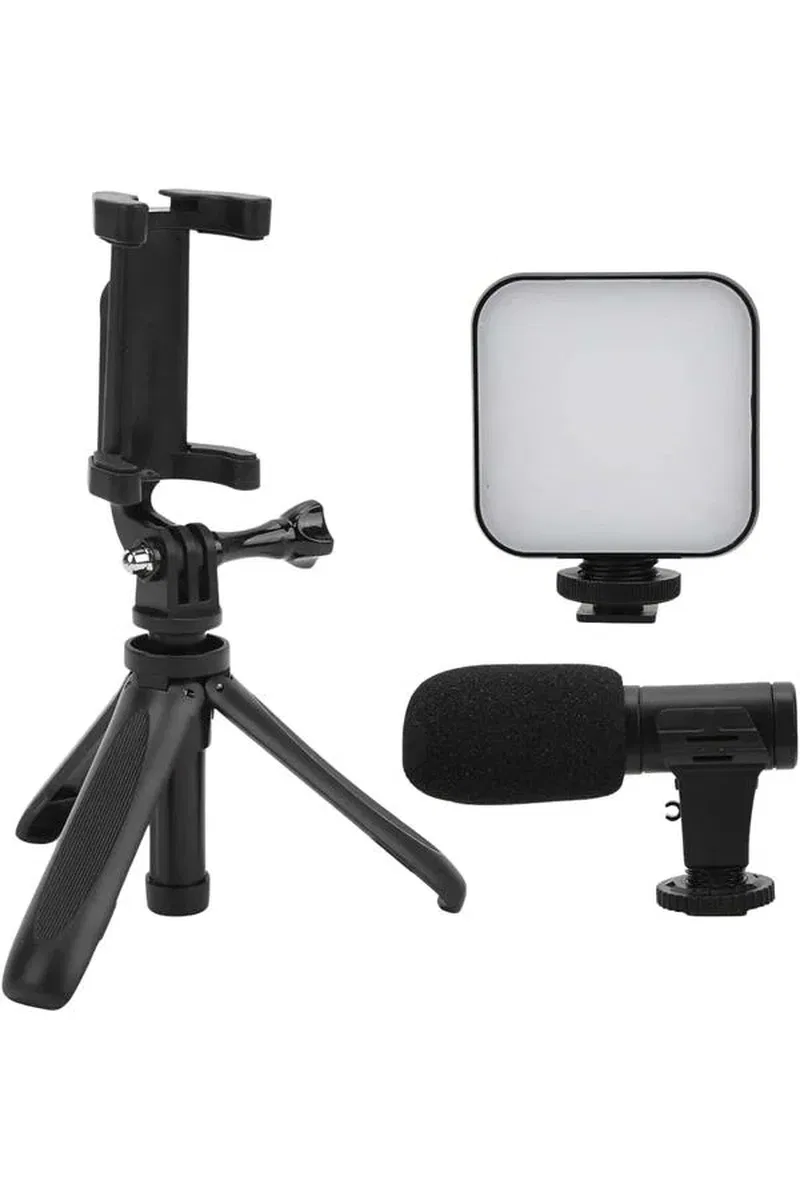 Akıllı Telefon Vlog Kiti Tripod Mini Mikrofonlu Telefon Tutucu görsel 3