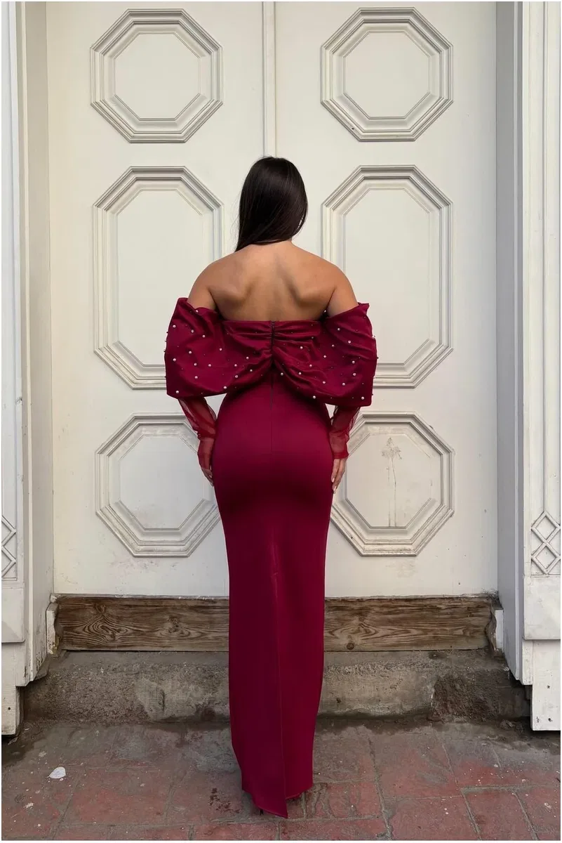 Kadın Trend Model Esnek Tül Kumaş Straplez Abiye Elbise görsel 2