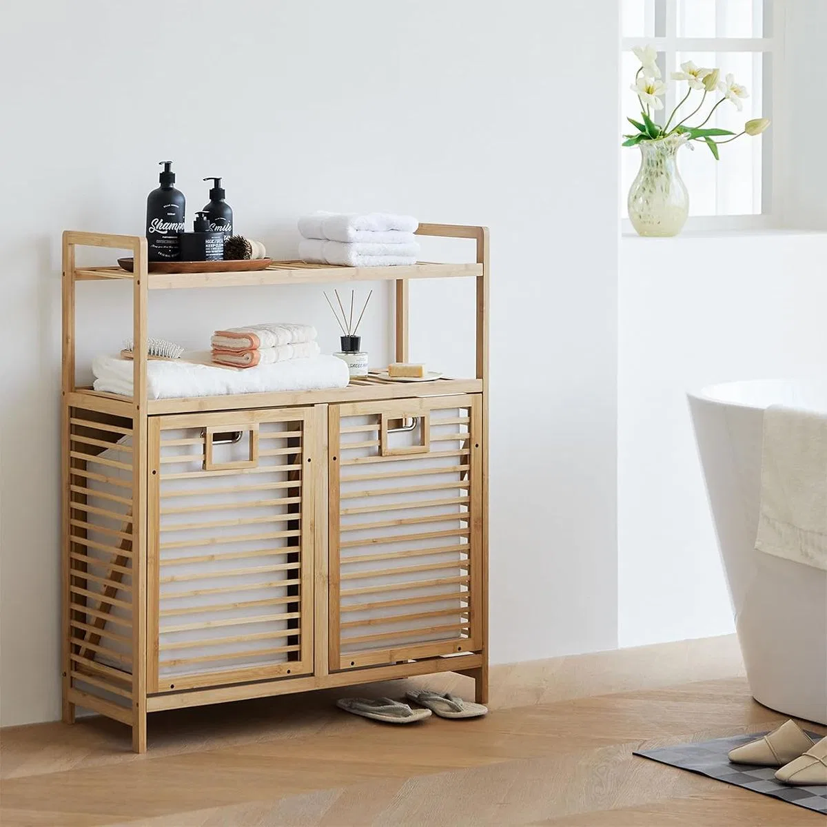 Bambu Kirli Çamaşır Sepeti 2 Bölmeli 2 Kat Organizer 80x33x87 cm görsel 3