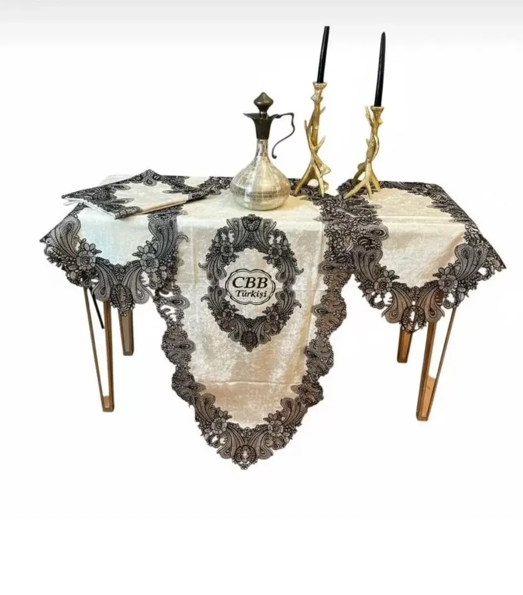 Salon Takımı 5 Parça Velvet Kadife Dantelli Masa Örtüsü Runner Seti Zümre Model - Siyah görsel 4