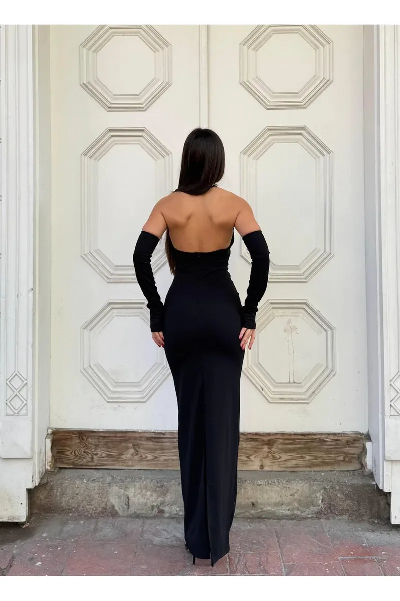Kadın İnce İşçilik Krep Balıkçı Yaka Uzun Kol Elbise görsel 4