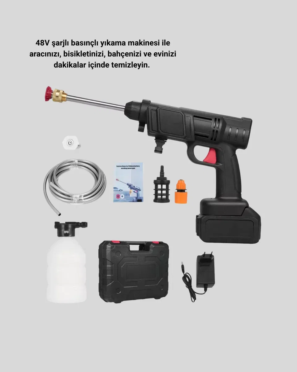 Kablosuz Basınçlı Yıkama Makinesi – 48V Güçlü Motor, 2 Pil ve Köpük Hazneli görsel 5