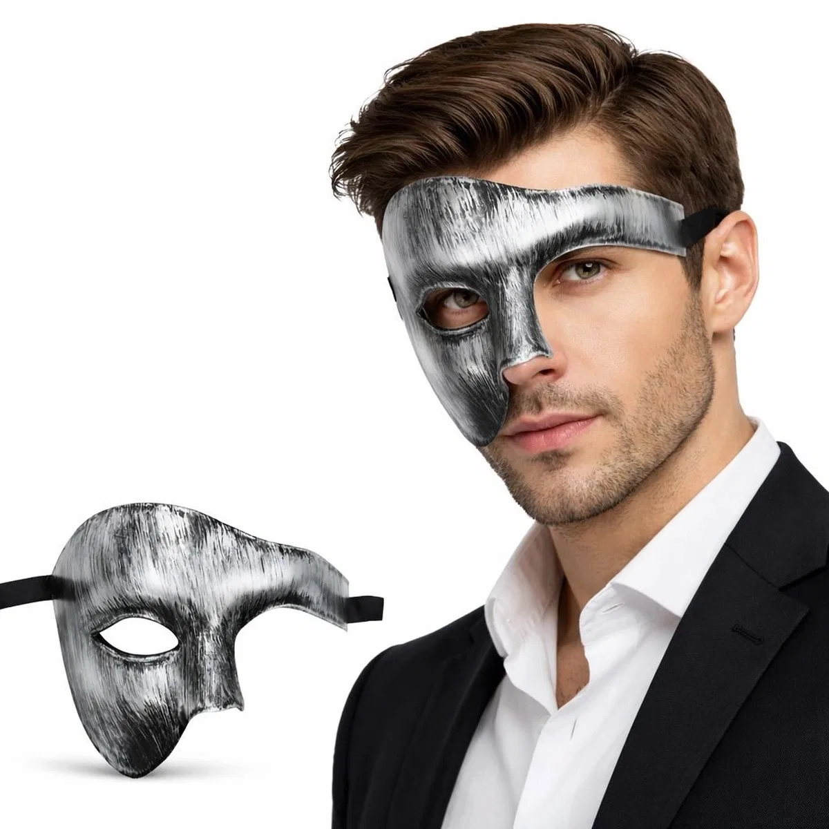 Antik Eskitme Gümüş Erkek Yarım Maske - Phantom Parti Balo Maskesi