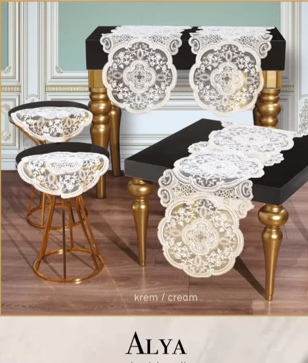 Salon Takımı 5 Parça Dantelli Masa Örtüsü Runner Seti Alya Model No124 - Krem görsel 6