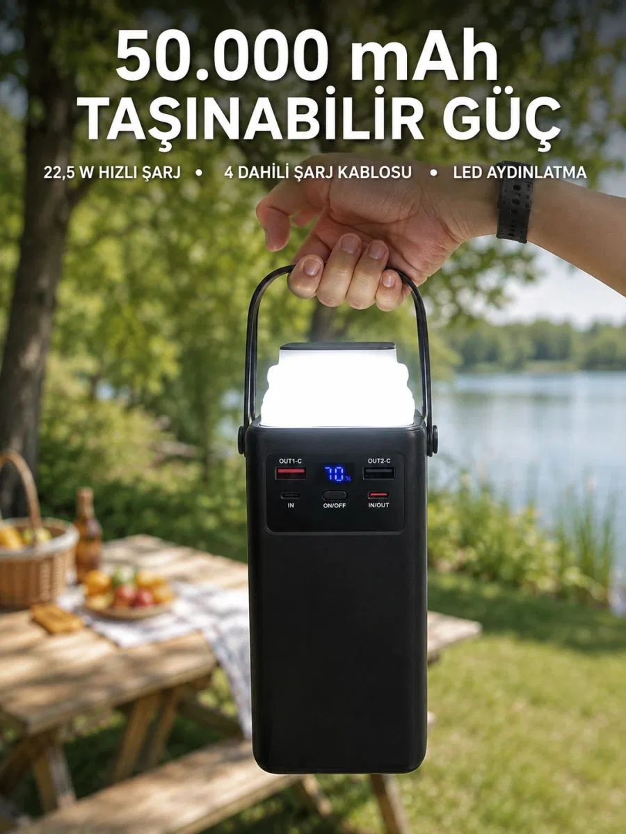 Led Aydınlatmalı Powerbank 50. 000 Mah 22, 5 W Hızlı Şarj 4 Dahili Kablolu Dijital Pil Göstergeli Batarya
