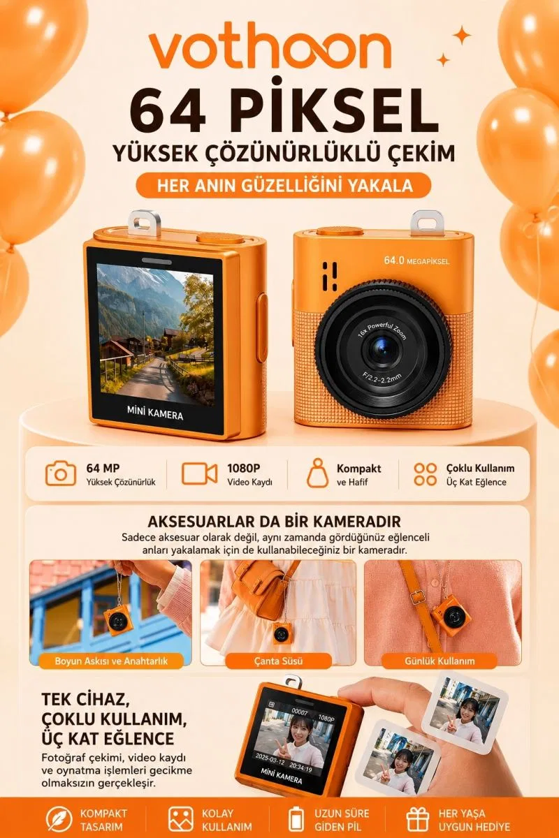 Mini Dijital Kamera 64mp 16x Digital Zoom Retro Vintage 1. 4’’ekranlı Video Kamera Taşınabilir Tasarım Turuncu
