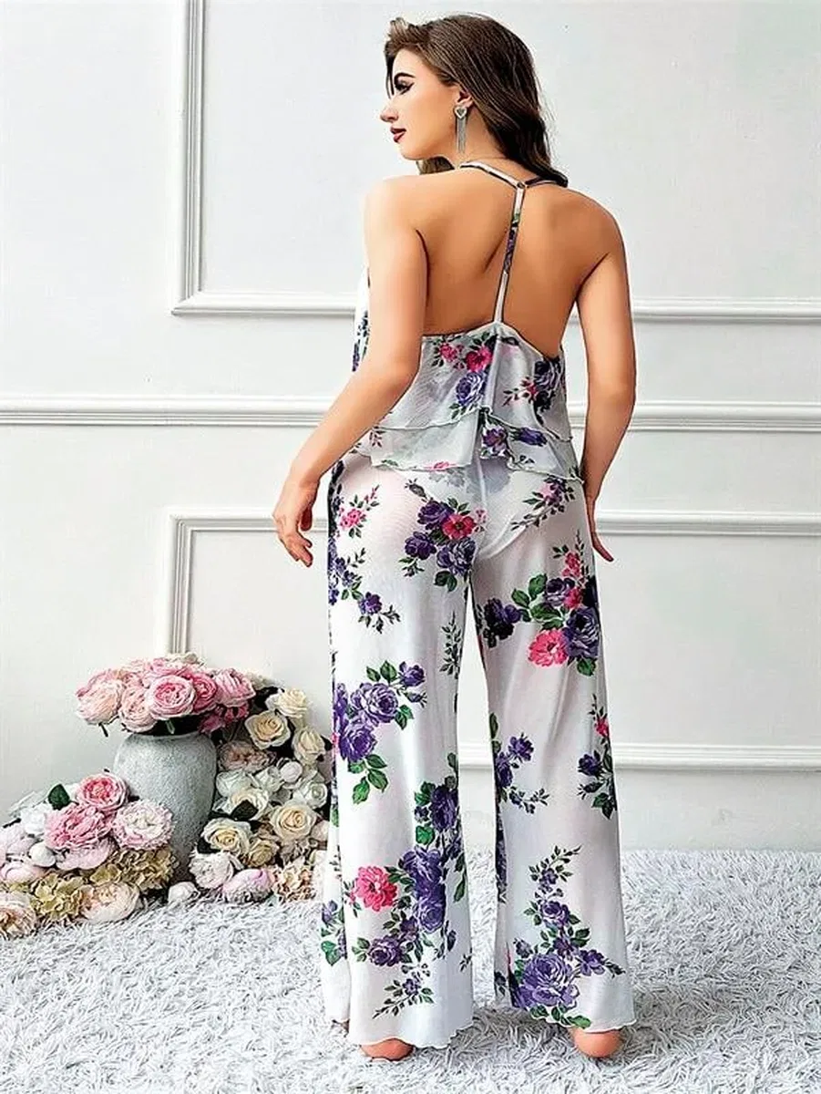 Özel Tasarım Büyük Beden Çiçek Desenli Fırfırlı 2'li Pijama Takımı görsel 3