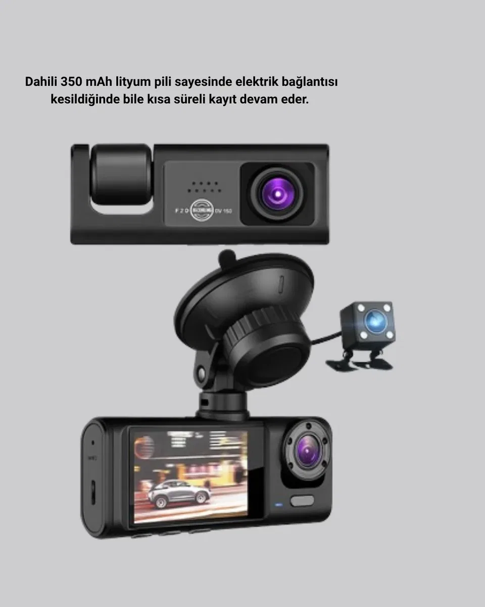 Üç Kameralı Araç İçi Kayıt Sistemi Full HD Gece Görüşlü ve G-Sensör Destekli görsel 3