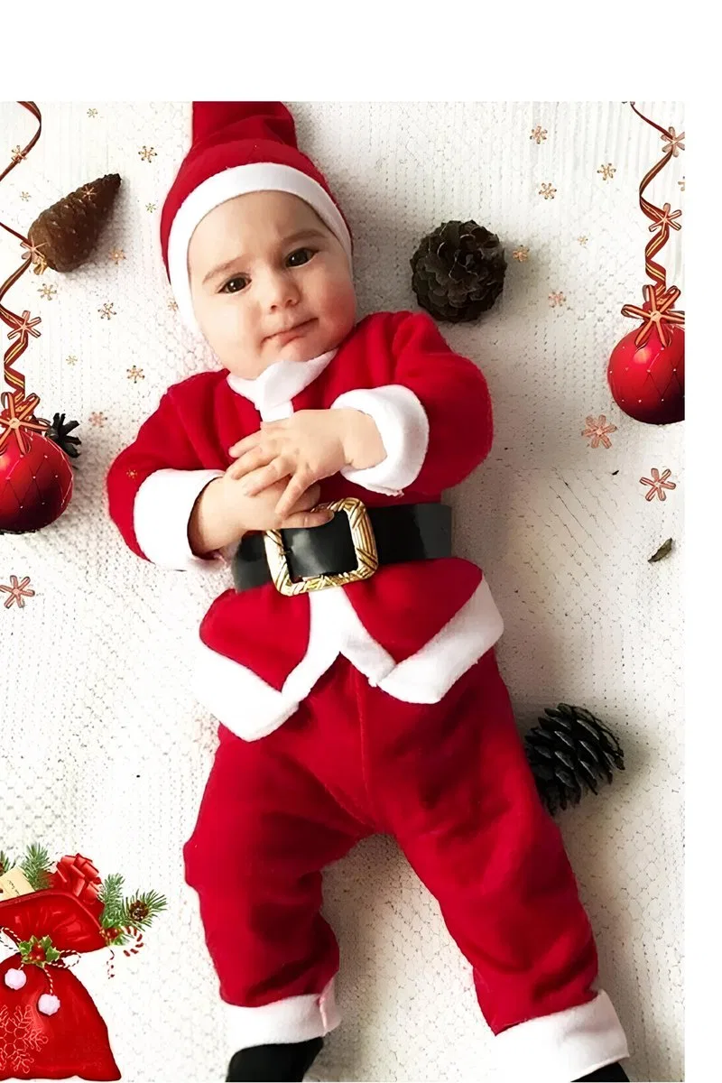 Erkek Çocuk Noel Baba Yılbaşı Kostümü Şapkalı Kemerli Bebek Kostümü görsel 6