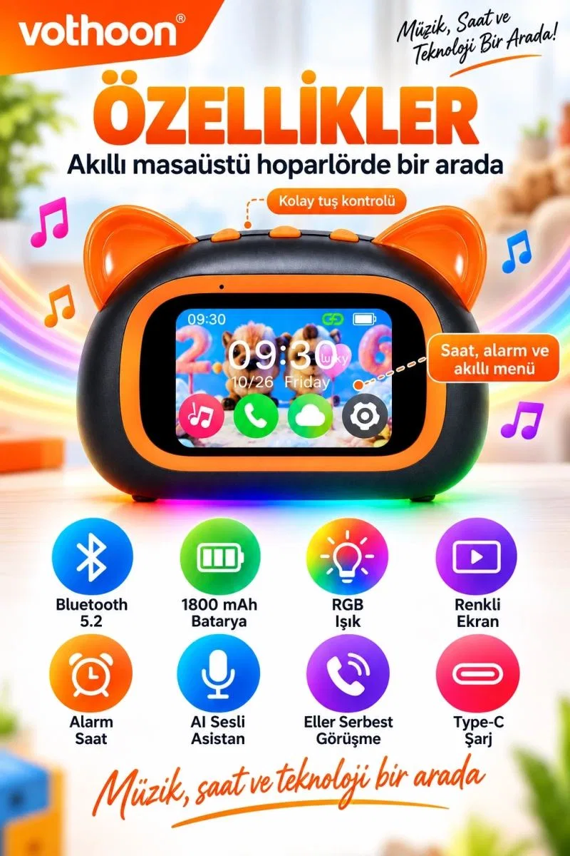Tf39 Pro Yapay Zekalı Bluetooth Hoparlör – Renkli Ekran, Rgb Işık, Alarm Ve Saat görsel 2