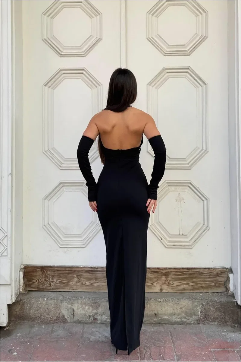 Kadın Gösterişli Balıkçı Yaka Balık Kesim Uzun Kollu Abiye Elbise görsel 8