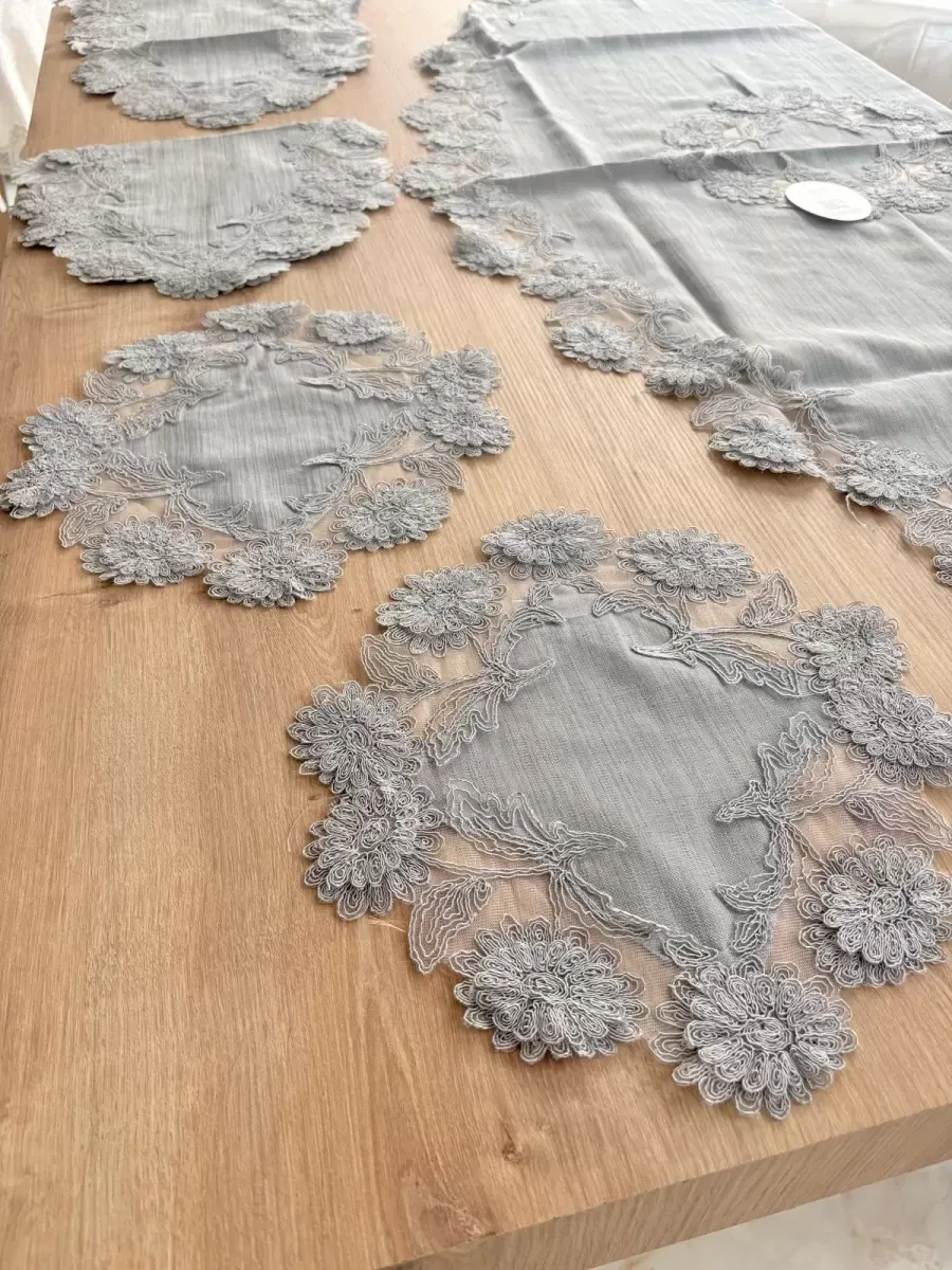 Salon Takımı Çeyizlik Gri Runner Set 5 Parça Keten Masa Örtüsü Runneri Flowers görsel 5