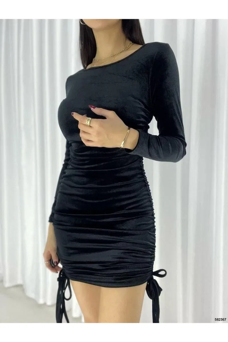 Kadın Yeni Sezon Mezuniyet Elbisesi Dik Yaka Uzun Kol Kadife Kumaş Dokulu Abiye Elbise