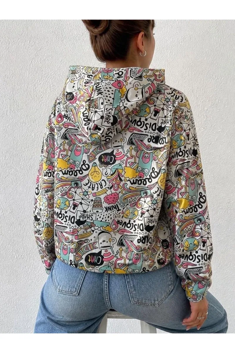 Kadın Zarif Detay Kapüşonlu Uzun Kol Renkli Jogger Sweatshirt görsel 3