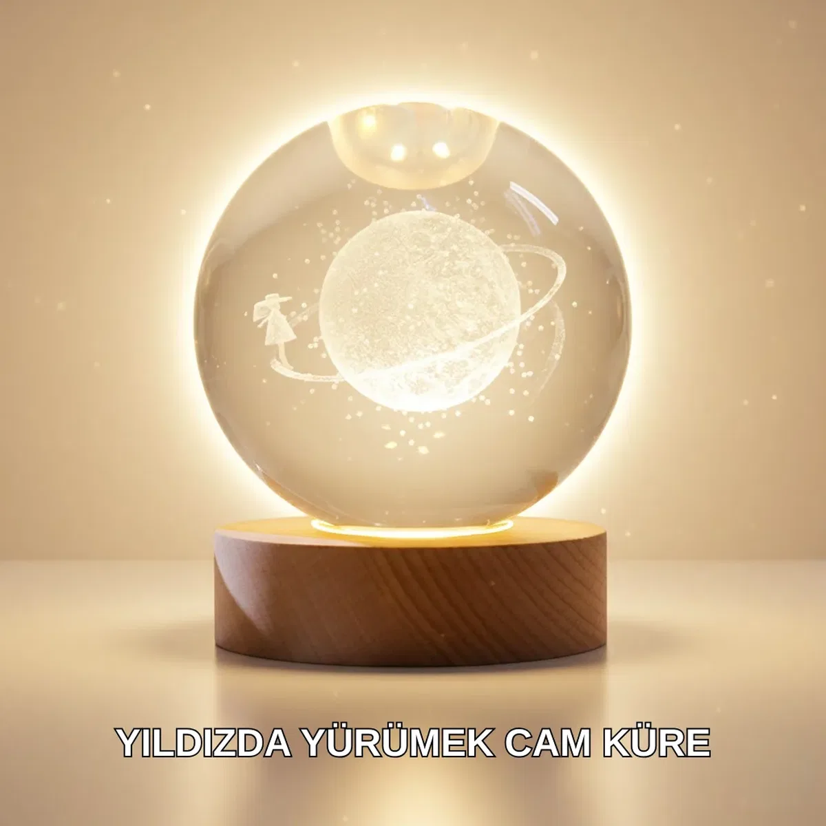 Ahşap Standlı Sarı Işıklı Dekoratif Küre Kız Figürü Tasarım