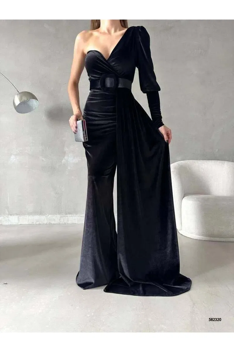Kadın İnce Tek Omuz Tek Kol Omzu Açık Maxi Abiye Elbise