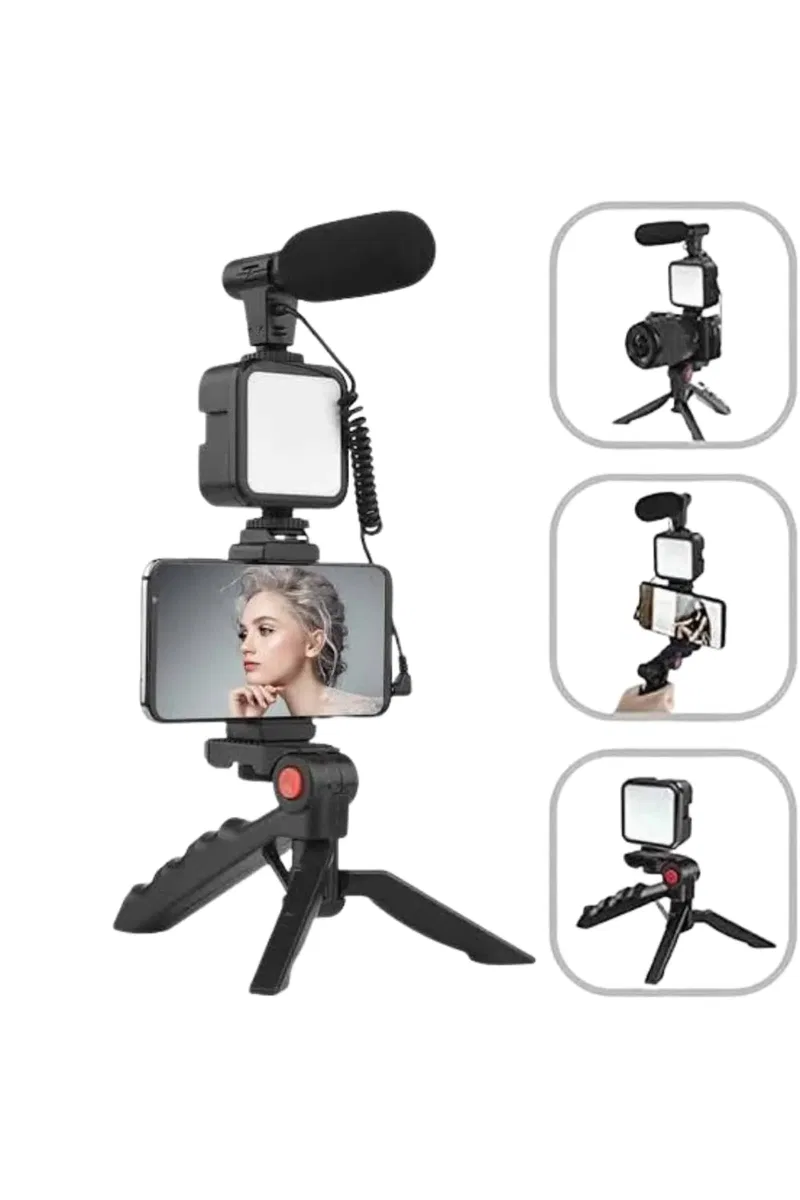 Akıllı Telefon Vlog Kiti Tripod Mini Mikrofonlu Telefon Tutucu görsel 2