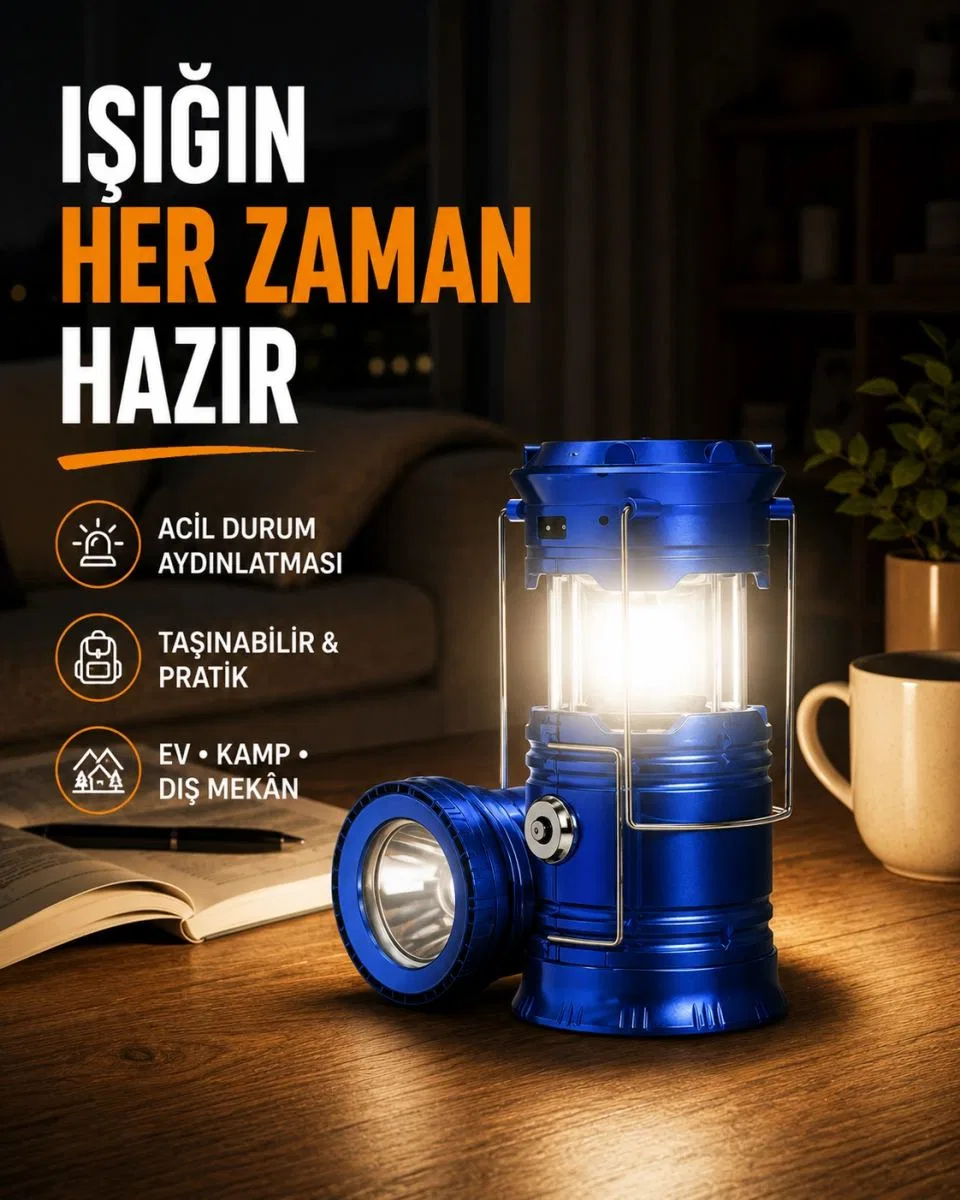 Güneş Enerjili Katlanabilir Kızaklı Kamp Feneri – Usb Şarjlı, Çok Yönlü Ve Dayanıklı Tasarım