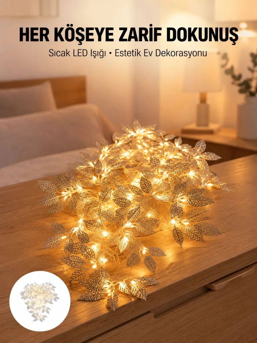 Yaprak Şekilli Gümüş Led Işık Pilli Dekoratif Aydınlatma