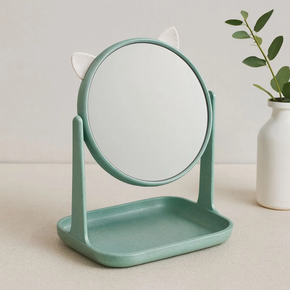Yuvarlak 15 cm Plastik Makyaj Aynası (Kulaklı, Sepetli)