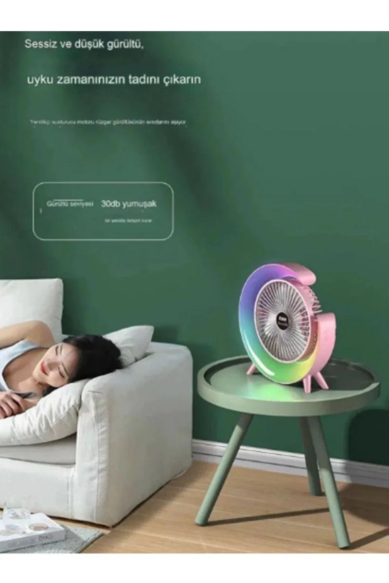 Masaüstü Vantilatör Usb Şarjlı Rgb Led Işıklı 3 Kademeli 180° Ayarlanabilir Soğutucu Fan Yeşil görsel 3
