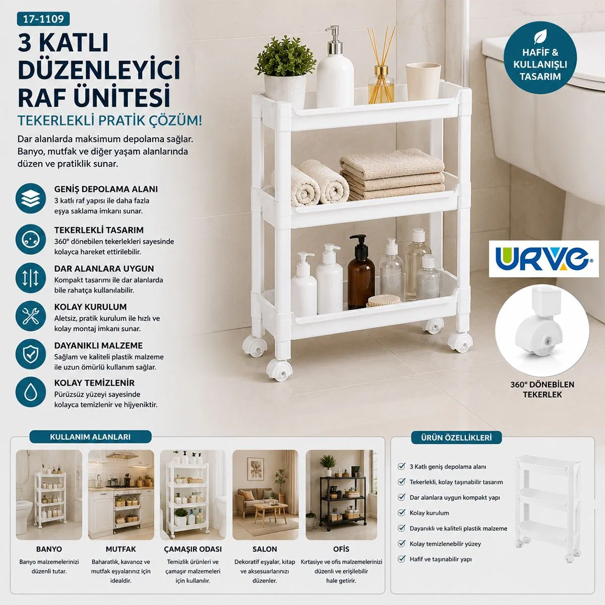 3 Katlı Tekerlekli Sepet Organizer Raf görsel 3
