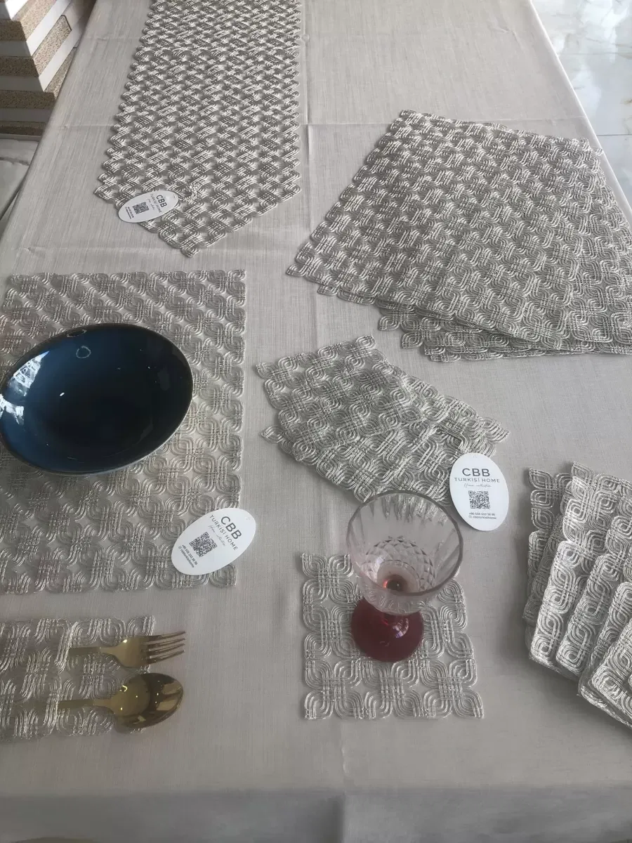 Sofra Takımı Orion Gardenya Keten Yemek Takımı 160x260 Masa Seti 26 Parça Runner Set Platin görsel 8