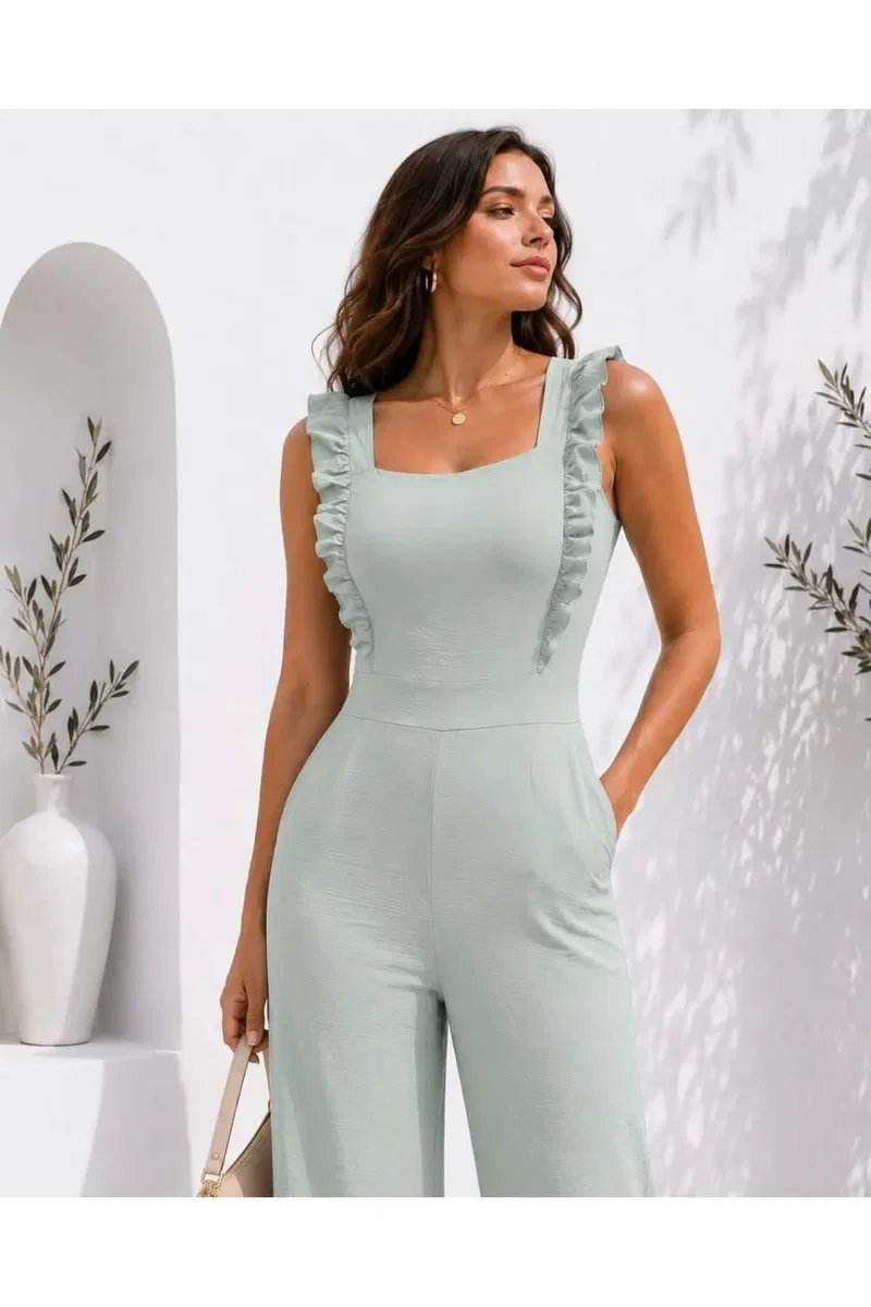 Kadın İnce Kare Yaka Kolsuz Renkli Wide Leg Tulum görsel 2