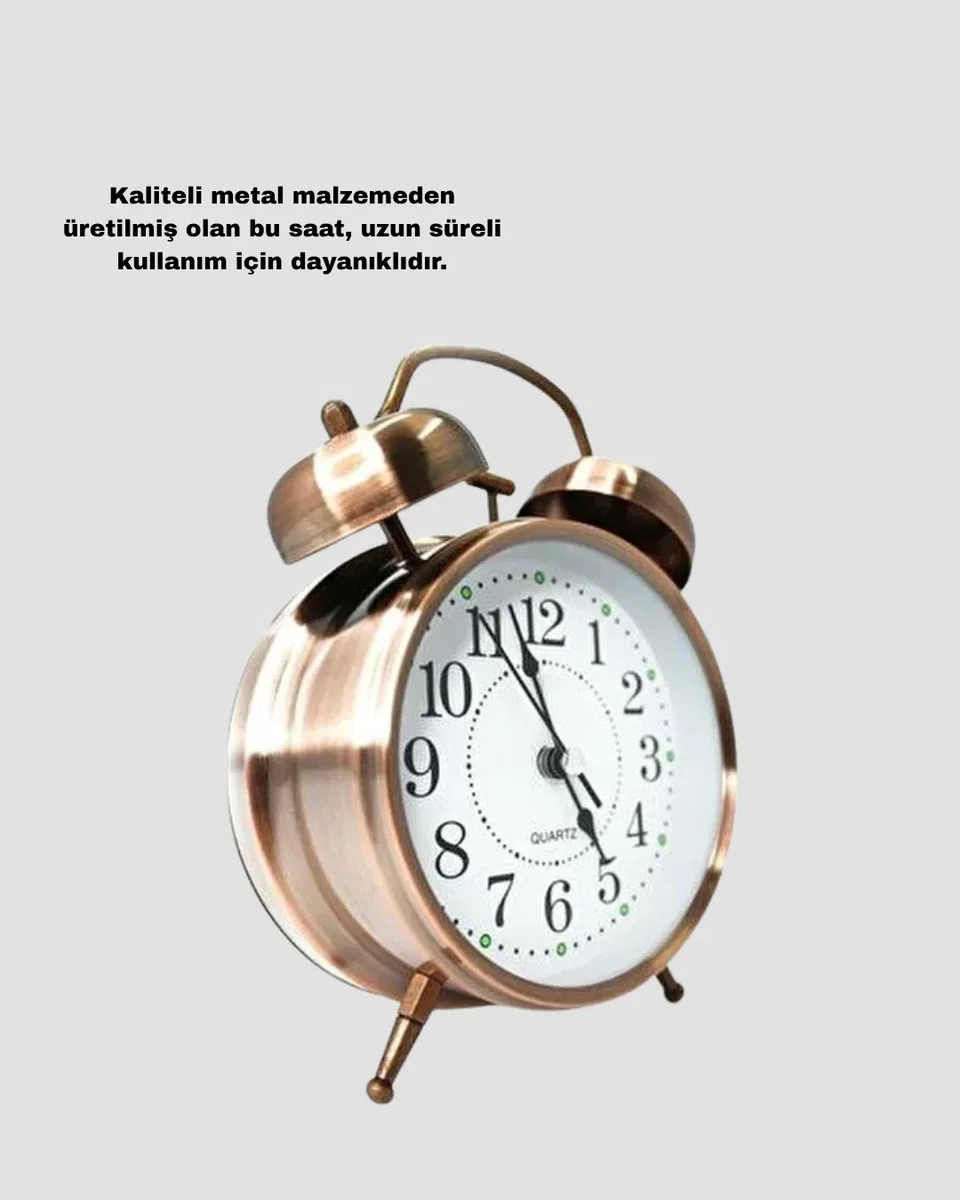 Metal Bronz Nostaljik Masa Saati Alarmlı Büyük Boy Sessiz Mekanizmalı görsel 3