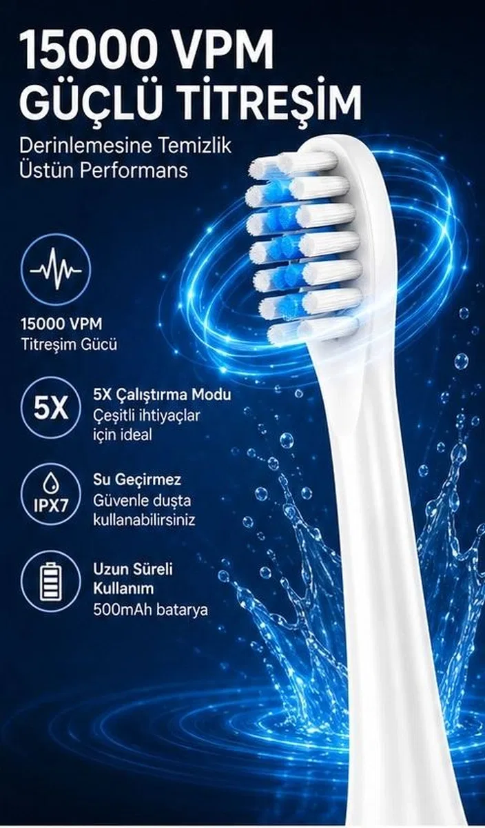 Şarjlı Diş Fırçası 15000 Vpm Titreşim Gücü, 500mah Batarya, 5 Temizlik Modu Siyah görsel 4