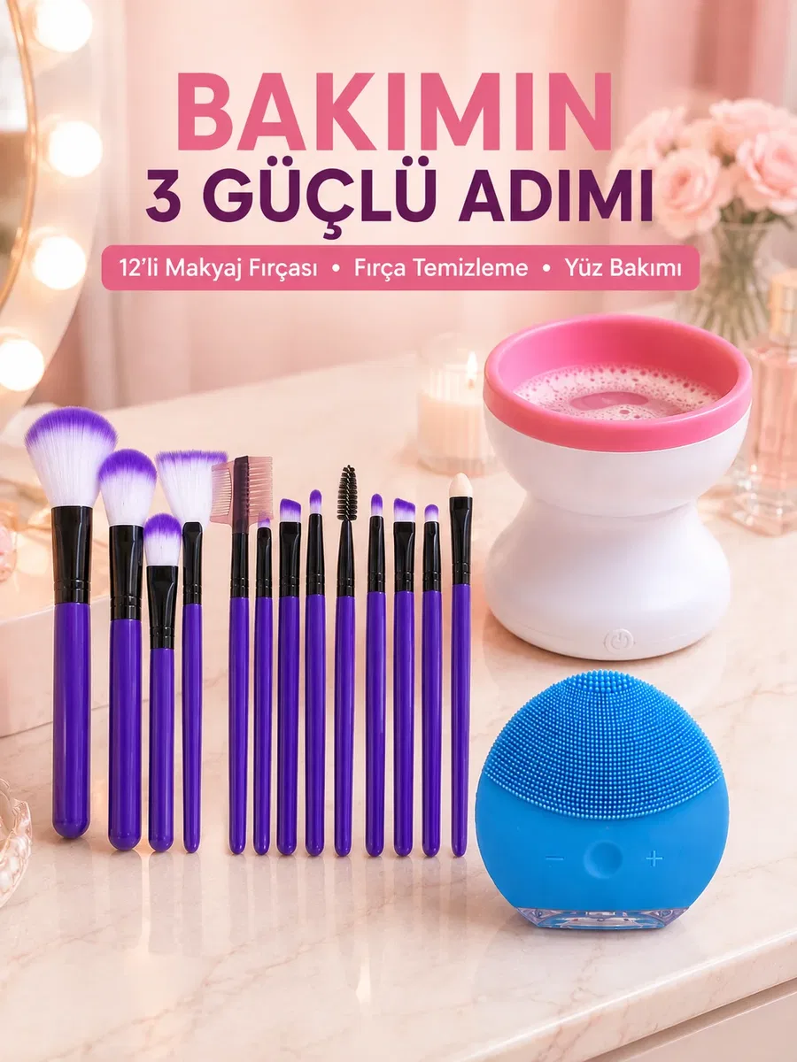 3’lü Güzellik ve Kişisel Bakım Seti 12’li Makyaj Fırçası Fırça Temizleme Cihazı ve Yüz Temizleme Cihazı